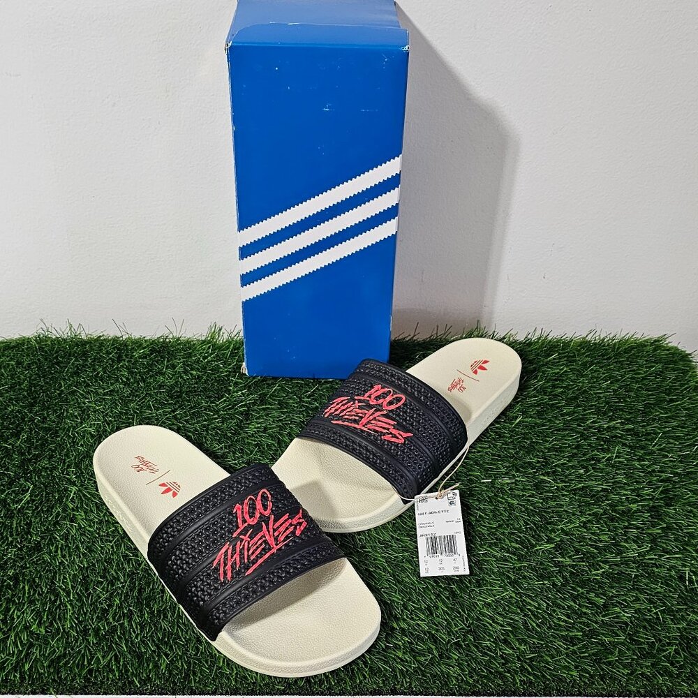 Adidas x 100 Thieves Adilette - Core Black / Red - Men's Size 12 - JR9152